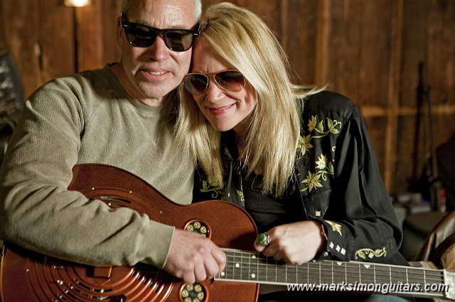 MarkCindy.jpg - Mark Simon & Cindy Cashdollar with her new Terraplane .44 Special™ Locust Grove Squareneck. -Visit www.terraplaneguitars.com for more.